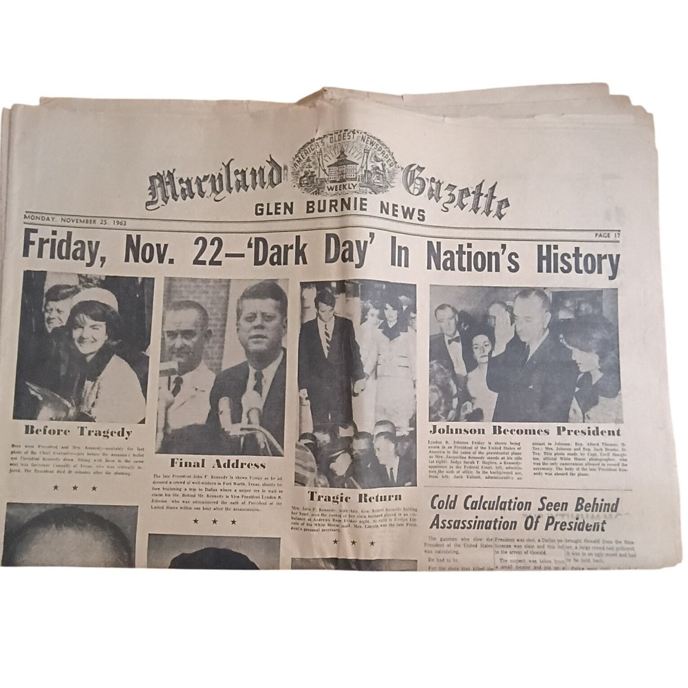 Vintage 1963 Maryland Gazette JFK Assassination Newspaper Glen Burnie Nov 25